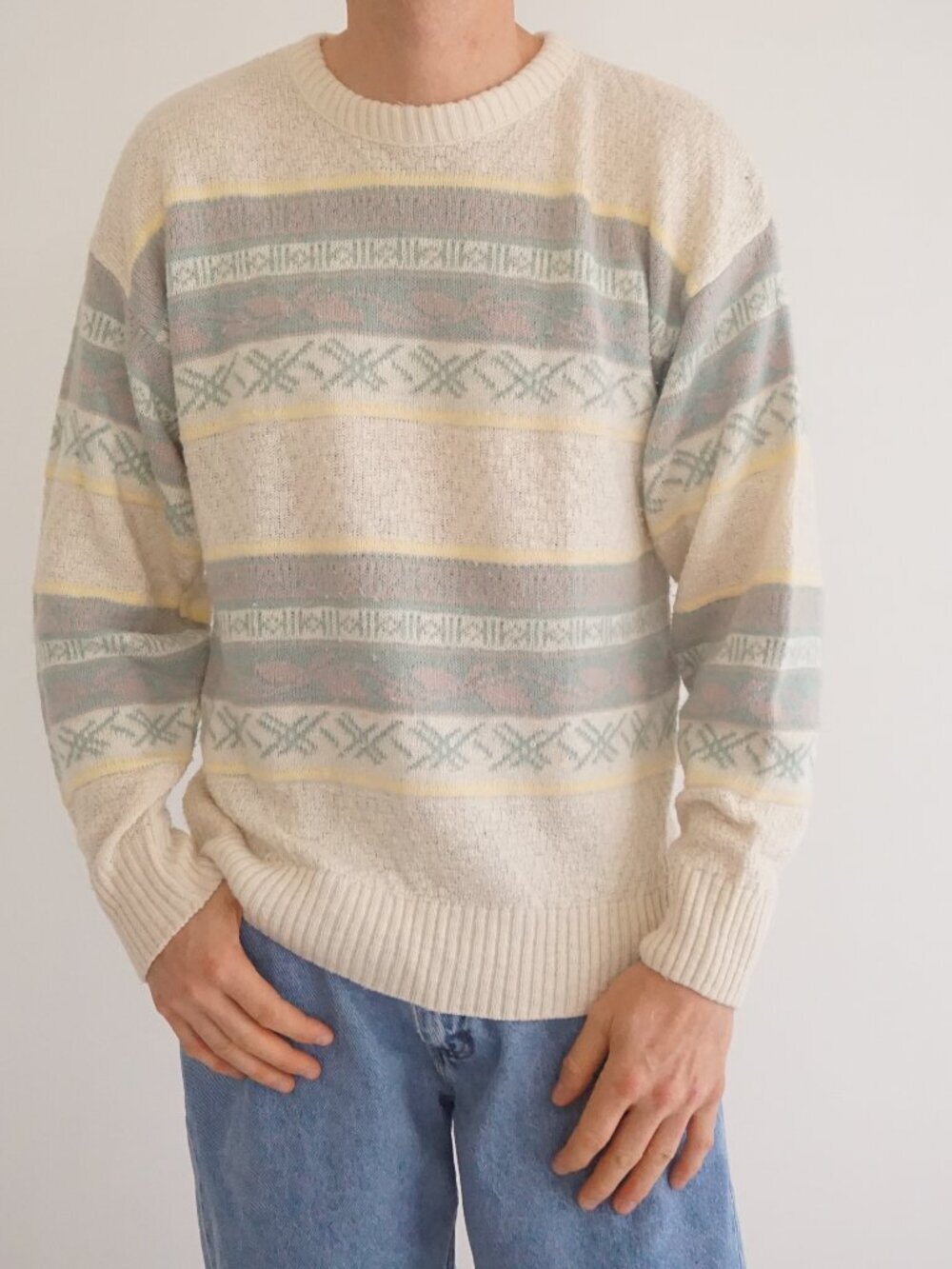 Vintage Oakton Cream Pastel Geometric Stripe Knit Cotton Blend Sweater XL Pullov